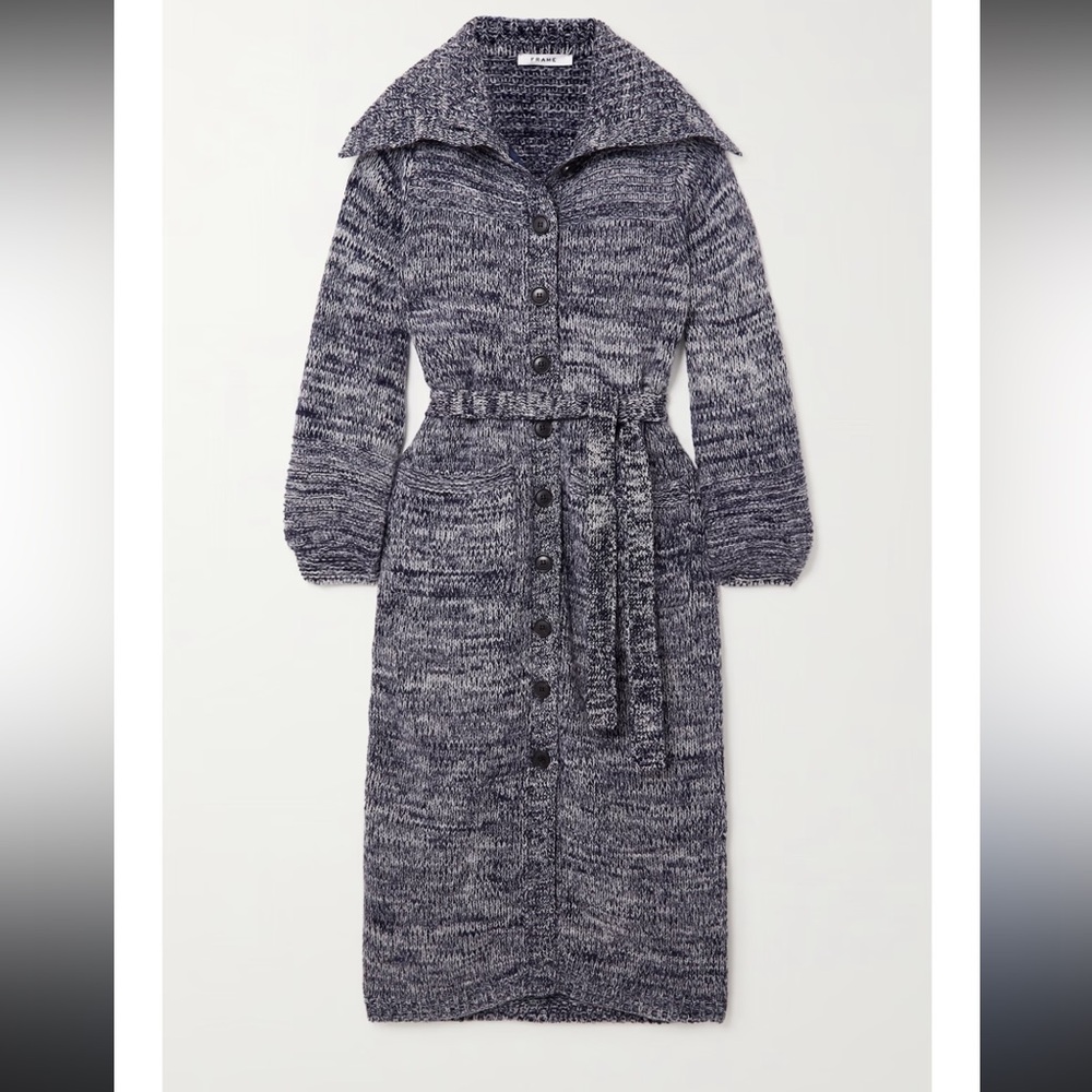 Frame Belted Melange Wool Blend Cardigan Navy